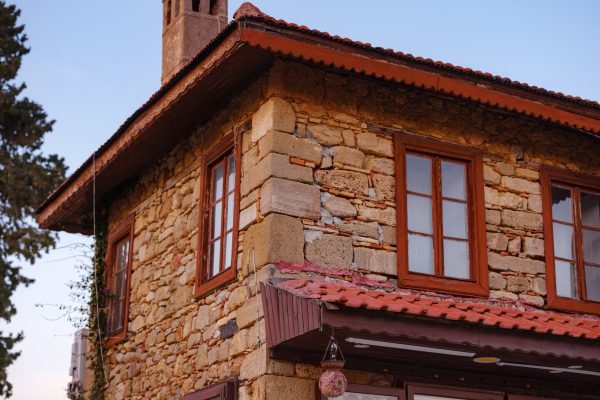 travel to ancient city of Side, Antalya coast of Turkey in tourist low season. traditional Turkish houses on narrow streets of Side. evening time without people